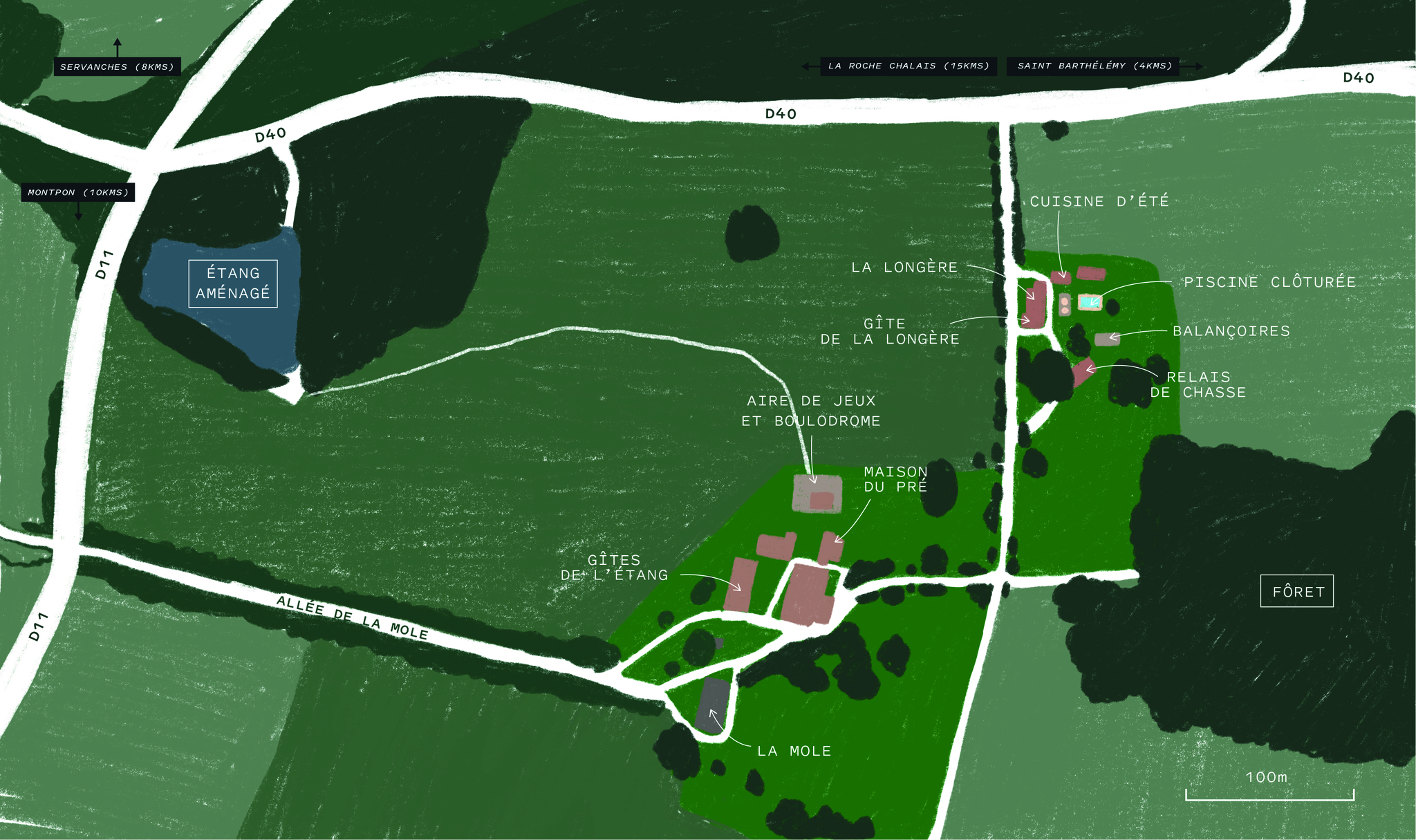 Carte illustrée du domaine : gîtes, étang aménagé, piscine, aire de jeux, boulodrome, cuisine d'été